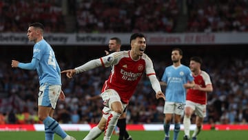 Gabriel Martinelli’s deflected late strike at the Emirates ends Arsenal’s 12-game Premier League losing streak against Manchester City.