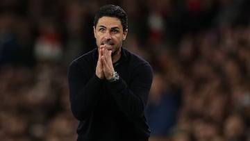 Arsenal's Spanish manager Mikel Arteta reacts during the UEFA Champions League quarter-final, second-leg football match between Arsenal and Sporting Lisbon at the Emirates Stadium in north London on April 15, 2026. (Photo by Adrian Dennis / AFP)