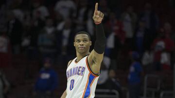 PHILADELPHIA, PA - OCTOBER 26: Russell Westbrook #0 of the Oklahoma City Thunder reacts in the final moment of the game against the Philadelphia 76ers at Wells Fargo Center on October 26, 2016 in Philadelphia, Pennsylvania. NOTE TO USER: User expressly acknowledges and agrees that, by downloading and or using this photograph, User is consenting to the terms and conditions of the Getty Images License Agreement. The Thunder defeated the 76ers 103-97.   Mitchell Leff/Getty Images/AFP
 == FOR NEWSPAPERS, INTERNET, TELCOS &amp; TELEVISION USE ONLY ==