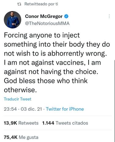 McGregor: "Obligar a alguien a inyectarse algo es incorrecto"
