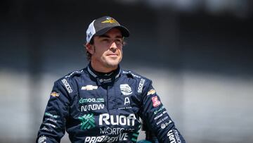 Aug 15, 2020; Indianapolis, IN, USA; IndyCar Series driver Fernando Alonso during qualifying for the 104th Running of the Indianapolis 500 at Indianapolis Motor Speedway. Mandatory Credit: Mark J. Rebilas-USA TODAY Sports