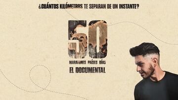 Cartel promocional de la película '50, El Documental', sobre el desafío de Rubén Muñoz de completar 50 maratones en 50 países durante 50 días seguidos.