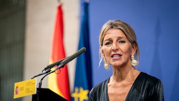 La vicepresidenta segunda del Gobierno y ministra de Trabajo y Economía Social, Yolanda Díaz, ofrece declaraciones a la prensa tras reunirse con organizaciones como Ecologistas en Acción, Amigos de la Tierra, WWF y SEO Bird Life, así como con el Colegio Oficial de Ingenieros Técnicos Forestales, en la sede del Ministerio de Trabajo, a 3 de septiembre de 2025, en Madrid (España). Durante la reunión, han hablado sobre la situación tras la oleada de incendios.
03 SEPTIEMBRE 2025
A. Pérez Meca / Europa Press
03/09/2025