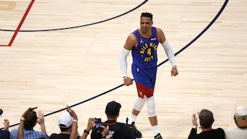 DENVER, COLORADO - MAY 03: Russell Westbrook #4 of the Denver Nuggets reacts after dunking the ball against the LA Clippers during the fourth quarter in Game Seven of the Western Conference First Round NBA Playoffs at Ball Arena on May 03, 2025 in Denver, Colorado. NOTE TO USER: User expressly acknowledges and agrees that, by downloading and or using this photograph, User is consenting to the terms and conditions of the Getty Images License Agreement. Matthew Stockman/Getty Images/AFP (Photo by MATTHEW STOCKMAN / GETTY IMAGES NORTH AMERICA / Getty Images via AFP)