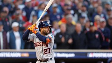 MINNEAPOLIS, MINNESOTA - OCTOBER 11: Jose Altuve #27 of the Houston Astros bats against the Minnesota Twins during the first inning in Game Four of the Division Series at Target Field on October 11, 2023 in Minneapolis, Minnesota. David Berding/Getty Images/AFP (Photo by David Berding / GETTY IMAGES NORTH AMERICA / Getty Images via AFP)
