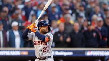 MINNEAPOLIS, MINNESOTA - OCTOBER 11: Jose Altuve #27 of the Houston Astros bats against the Minnesota Twins during the first inning in Game Four of the Division Series at Target Field on October 11, 2023 in Minneapolis, Minnesota.   David Berding/Getty Images/AFP (Photo by David Berding / GETTY IMAGES NORTH AMERICA / Getty Images via AFP)