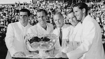 AUSTRALIA OUT: L - R, Bob Mark, Neale Fraser, team Captain Harry Hopman, Rod Laver and Roy Emerson of Australia celebrate with the winning Davis Cup trophy after defeating Italy in the Challenge Round for the 49th edition of the Davis Cup on 28th December 1960 at the White City Stadium, Sydney, Australia. Australia won the Davis Cup by 4 matches to 1. (Photo by Central Press/Hulton Archive/Getty Images)
