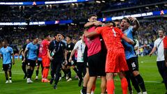 Jul 6, 2024; Las Vegas, NV, USA; Uruguay celebrates after defeating Brazil at Allegiant Stadium. Mandatory Credit: Lucas Peltier-USA TODAY Sports