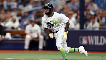 ST PETERSBURG, FLORIDA - OCTOBER 03: Randy Arozarena #56 of the Tampa Bay Rays runs to second base against the Texas Rangers during Game One of the Wild Card Series at Tropicana Field on October 03, 2023 in St Petersburg, Florida.   Megan Briggs/Getty Images/AFP (Photo by Megan Briggs / GETTY IMAGES NORTH AMERICA / Getty Images via AFP)