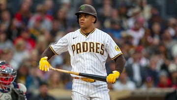 May 19, 2023; San Diego, California, USA; San Diego Padres left fielder Juan Soto (22) draws a walk in the first inning against the Boston Red Sox at Petco Park. Mandatory Credit: David Frerker-USA TODAY Sports