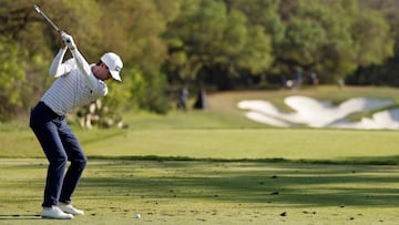 Alex Smalley of the United States plays his shot from the 13th tee during the second round of the Valero Texas Open at TPC San Antonio.