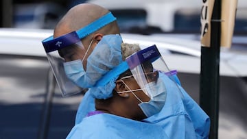 Healthcare workers at the walk-up coronavirus Covid-19 testing site at the Dyckman Clinica De Las Americas in Inwood, New York, USA, 7 May. 