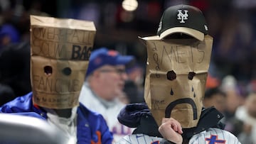NEW YORK, NEW YORK - APRIL 21: (EDITOR'S NOTE: Image contains profanity.) A New York Mets fan expresses frustration during the game against the Minnesota Twins at Citi Field on April 21, 2026 in the Flushing neighborhood of the Queens borough of New York City. Elsa/Getty Images/AFP (Photo by ELSA / GETTY IMAGES NORTH AMERICA / Getty Images via AFP)