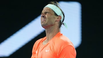 Rafael Nadal of Spain reacts during his Men&#039;s singles quarter finals match against Stefanos Tsitsipas of Greece on Day 10 of the Australian Open at Melbourne Park in Melbourne, Wednesday, February 17, 2021. (AAP Image/Dave Hunt) NO ARCHIVING, EDITORI