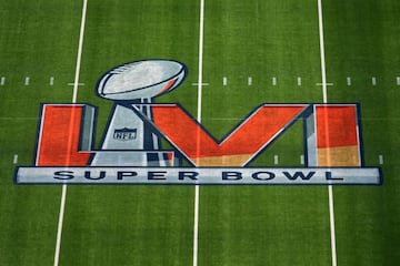 Feb 1, 2022; Inglewood, CA, USA; A detailed view of the Super Bowl LVI logo on the field at SoFi Stadium. Super Bowl 56 between the Los Angeles Rams and the Cincinnati Bengals will be played on Feb. 13, 2022. Mandatory Credit: Kirby Lee-USA TODAY Sports