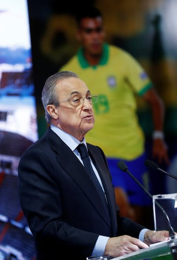 El presidente del Real Madrid, Florentino Pérez, durante la presentación. 