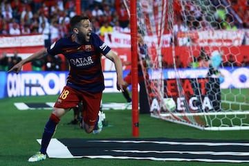 Alba wheels away in delight after putting Barça 1-0 up in extra time.