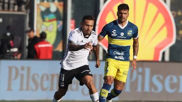 Futbol, Colo Colo vs Everton.
Fecha 6, campeonato Nacional 2024.
El jugador de Colo Colo  Marcos Bolados, izquierda, disputa el balon con Felipe Campos de Everton durante el partido de primera division realizado en el estadioo Monumental de Santiago, Chile.
30/03/2024
Dragomir Yankovic/Photosport

Football, Colo Colo vs Everton.
6nd turn, 2024 National Championship.
Colo Colo Õs player Marcos Bolados, left, vies for the ball against Felipe Campos of Everton during the first division match held at the Monumental stadium in Santiago, Chile.
30/03/2024
Dragomir Yankovic/Photosport