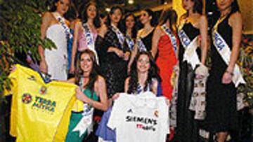 <B>PENDIENTES DE FÚTBOL</B>. Miss Madrid y Miss Castellón posan con las camisetas de los rivales de hoy.