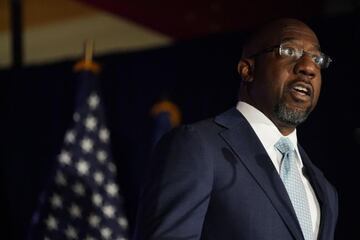 Raphael Warnock, a Democratic candidate for the US Senate speaks during a rally, in Atlanta, Georgia, USA, 03 November 2020.