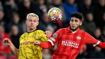 The Eredivisie side return to the knockout stages of the Champions League. Luuk de Jong levelled for the hosts after a goal for Donyell Malen.