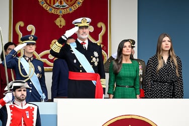 Felipe VI de España, actual rey de España, reina Letizia, reina consorte de España, Leonor de Borbón, princesa de Asturias, y Sofía de Borbón, infanta de España.