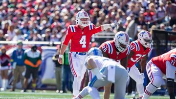 FOXBOROUGH, MA - OCTOBER 09: New England Patriots quarterback Bailey Zappe (4) in action during a NFL game between Detroit Lions and New England Patriots on October 9, 2022, at Gillette Stadium in Foxborough, MA. (Photo by M. Anthony Nesmith/Icon Sportswire via Getty Images)