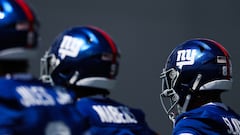 A general view of New York Giants helmets