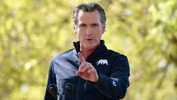 FILE PHOTO: California Governor Gavin Newsom speaks during a visit by U.S. First Lady Jill Biden, at The Forty Acres, the first headquarters of the United Farm Workers labor union, in Delano, California, U.S. March 31, 2021. Mandel Ngan/Pool via REUTERS/F