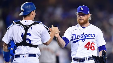 May 3, 2022; Los Angeles, California, USA; Los Angeles Dodgers relief pitcher Craig Kimbrel (46) and catcher Will Smith (16) celebrate the victory against the San Francisco Giants at Dodger Stadium. Mandatory Credit: Gary A. Vasquez-USA TODAY Sports