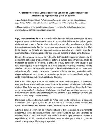Comunicado oficial de las Pe&ntilde;as del Celta de Vigo.