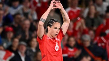 Switzerland's forward #06 Geraldine Reuteler celebrates after she scored her teams's first goal during the UEFA Women's Euro 2025 Group A football match between Switzerland and Iceland at the Wankdorf stadium in Bern, on July 6, 2025. (Photo by SEBASTIEN BOZON / AFP)