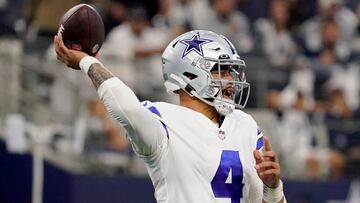 ARLINGTON, TEXAS - DECEMBER 11: Dak Prescott #4 of the Dallas Cowboys looks to pass in the first half of a game against the Houston Texans at AT&T Stadium on December 11, 2022 in Arlington, Texas. Sam Hodde/Getty Images/AFP (Photo by Sam Hodde / GETTY IMAGES NORTH AMERICA / Getty Images via AFP)