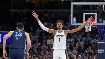MEMPHIS, TENNESSEE - FEBRUARY 03: Victor Wembanyama #1 of the San Antonio Spurs reacts during the first half against the Memphis Grizzlies at FedExForum on February 03, 2025 in Memphis, Tennessee. NOTE TO USER: User expressly acknowledges and agrees that, by downloading and or using this photograph, User is consenting to the terms and conditions of the Getty Images License Agreement. Justin Ford/Getty Images/AFP (Photo by Justin Ford / GETTY IMAGES NORTH AMERICA / Getty Images via AFP)