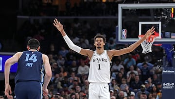 MEMPHIS, TENNESSEE - FEBRUARY 03: Victor Wembanyama #1 of the San Antonio Spurs reacts during the first half against the Memphis Grizzlies at FedExForum on February 03, 2025 in Memphis, Tennessee. NOTE TO USER: User expressly acknowledges and agrees that, by downloading and or using this photograph, User is consenting to the terms and conditions of the Getty Images License Agreement. Justin Ford/Getty Images/AFP (Photo by Justin Ford / GETTY IMAGES NORTH AMERICA / Getty Images via AFP)