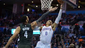 Jan 23, 2018; Oklahoma City, OK, USA; Oklahoma City Thunder guard Russell Westbrook (0) drives to the basket in front of Brooklyn Nets center Jahlil Okafor (4) during the second quarter at Chesapeake Energy Arena. Mandatory Credit: Mark D. Smith-USA TODAY Sports
