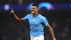 MANCHESTER, ENGLAND - APRIL 11: Rodri of Manchester City celebrates after scoring the team's first goal during the UEFA Champions League quarterfinal first leg match between Manchester City and FC Bayern München at Etihad Stadium on April 11, 2023 in Manchester, England. (Photo by Jan Kruger - UEFA/UEFA via Getty Images)