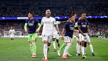 Los jugadores del Real Madrid celebran el primero de los dos goles con los que Joselu remontó la pasada temporada la eliminatoria de semifinales contra el Bayern Múnich.