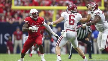 Sep 3, 2016; Houston, TX, USA; Houston Cougars linebacker Tyus Bowser (81) defends as Oklahoma Sooners quarterback Baker Mayfield (6) attempts a pass during the game at NRG Stadium. Mandatory Credit: Troy Taormina-USA TODAY Sports