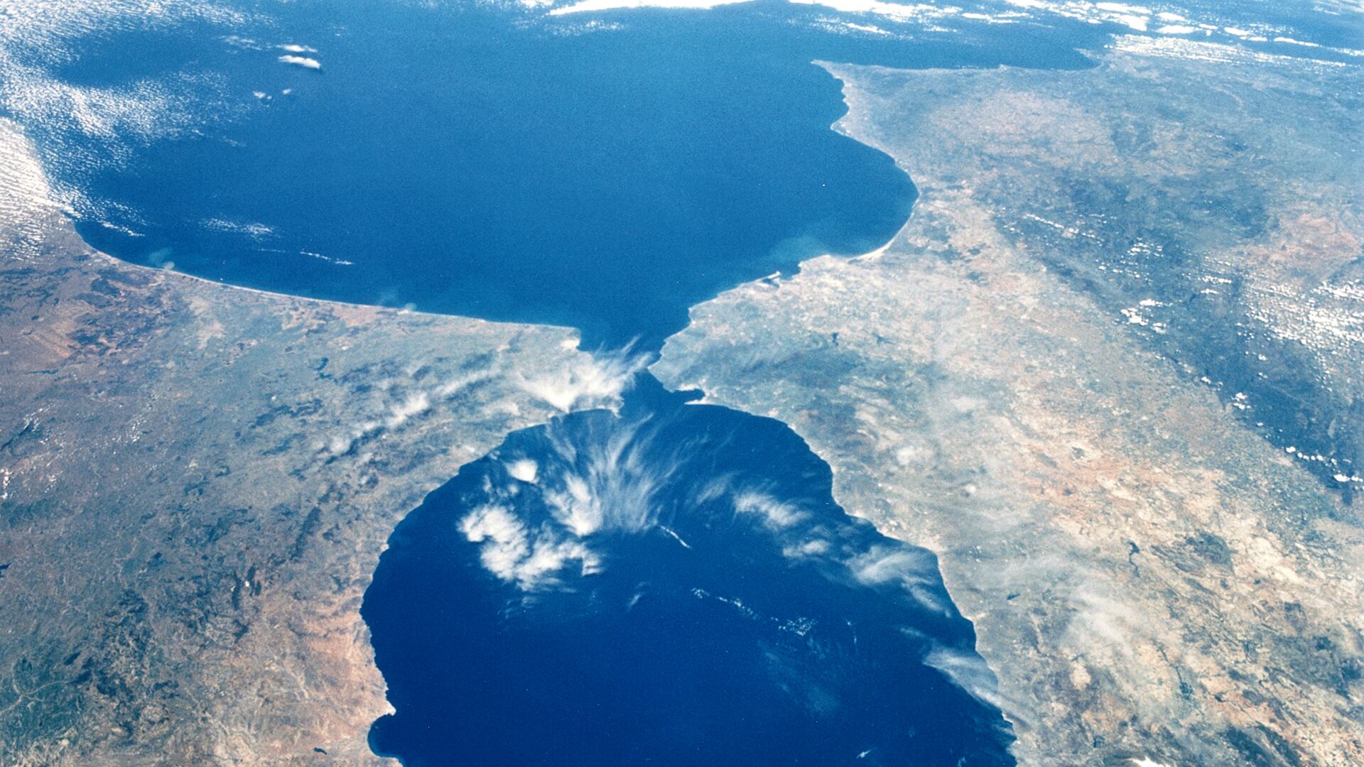 The Strait of Gibraltar, as seen from the space shuttle Endeavour during NASA's STS-77 mission, May 1996. Spain is on the right and Morocco on the left, with the Atlantic Ocean at the top and the Mediterranean at the bottom. There are only eight miles of water between the two countries at the strait's narrowest point. (Photo by Space Frontiers/Getty Images)