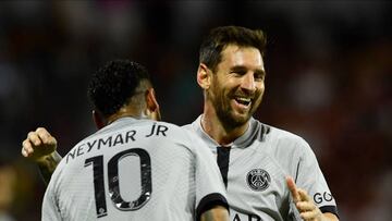 Lionel Messi of PSG celebrates after scoring his sides first goal during the Ligue 1 match between Clermont Foot and Paris Saint-Germain at Stade Gabriel Montpied on August 6, 2022 in Clermont-Ferrand, France. (Photo by Jose Breton/Pics Action/NurPhoto via Getty Images)