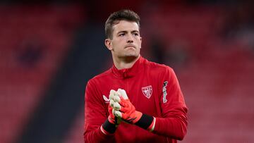 BILBAO, SPAIN - NOVEMBER 03: Julen Agirrezabala of Athletic Club reacts during the LaLiga EA Sports match between Athletic Club and Real Betis Balompie at San Mames on November 3, 2024, in Bilbao, Spain. (Photo By Ricardo Larreina/Europa Press via Getty Images)