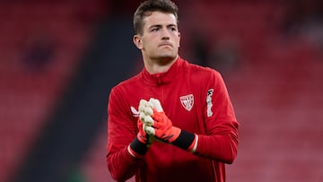 BILBAO, SPAIN - NOVEMBER 03: Julen Agirrezabala of Athletic Club reacts during the LaLiga EA Sports match between Athletic Club and Real Betis Balompie at San Mames on November 3, 2024, in Bilbao, Spain. (Photo By Ricardo Larreina/Europa Press via Getty Images)