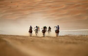 Competición de jockeys con caballos de pura raza árabe en el Festival Liwa Moreeb Dune 2016 en Abu Dhabi.