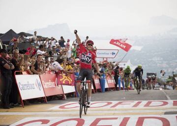 Chris Froome celebrates as he crosses the finishing line to win stage 9 of La Vuelta.