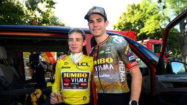 ROCAMADOUR, FRANCE - JULY 23: (L-R) Jonas Vingegaard Rasmussen of Denmark and Team Jumbo - Visma - Yellow Leader Jersey and Wout Van Aert of Belgium and Team Jumbo - Visma - Green Points Jersey pose and celebrate after the 109th Tour de France 2022, Stage 20 a 40,7km individual time trial from Lacapelle-Marival to Rocamadour / #TDF2022 / #WorldTour / on July 23, 2022 in Rocamadour, France. (Photo by Tim de Waele/Getty Images)