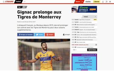 L'Équipe: Gignac renovó con Tigres hasta 2021
