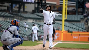 May 3, 2023; Detroit, Michigan, USA; Detroit Tigers shortstop Javier Baez (28) celebrates after hitting a home run against the New York in the third inning at Comerica Park. Mandatory Credit: Lon Horwedel-USA TODAY Sports