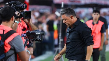 River Plate's head coach Marcelo Gallardo gestures ahead of the Argentine Professional Football League 2026 Apertura Tournament match between River Plate and Tigre at the Mas Monumental Stadium in Buenos Aires on February 7, 2026. (Photo by Alejandro PAGNI / AFP)