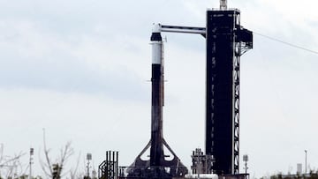 A SpaceX Falcon 9 with the Crew Dragon capsule stands on Pad-39A in preparation for the first private astronaut mission to the International Space Station.